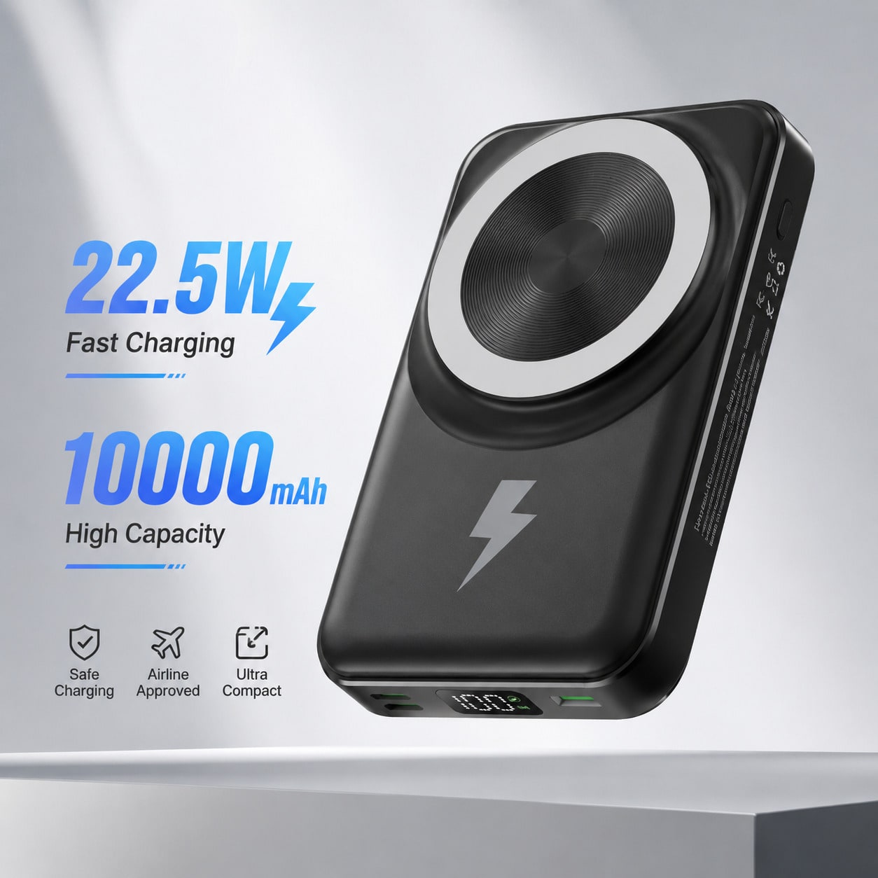Foldable Magnetic Wireless Charger 10000mAh Power Bank, Dual Built-In Cables 15W Magnetic Charging 22.5W Fast Charging LED Indicator, Travel Essentials Camping Essentials College Dorm Essentials Back