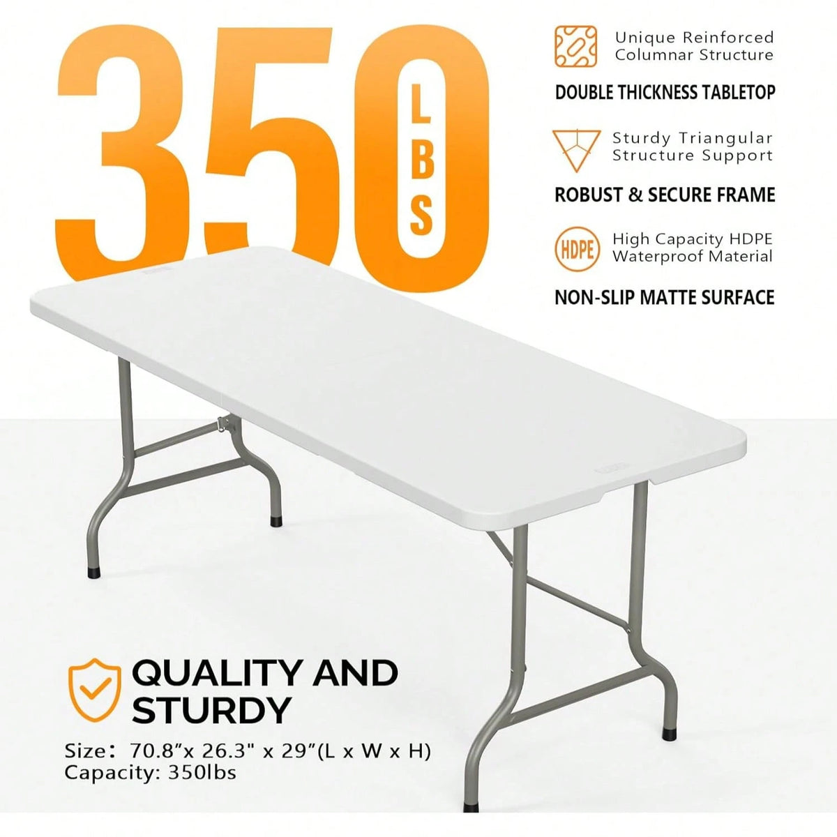Folding Table 6ft, Portable Collapsible Plastic White Long Tables For Party, Camping, Banquet, Craft, Dining, Wedding, Outdoor And Indoor Use