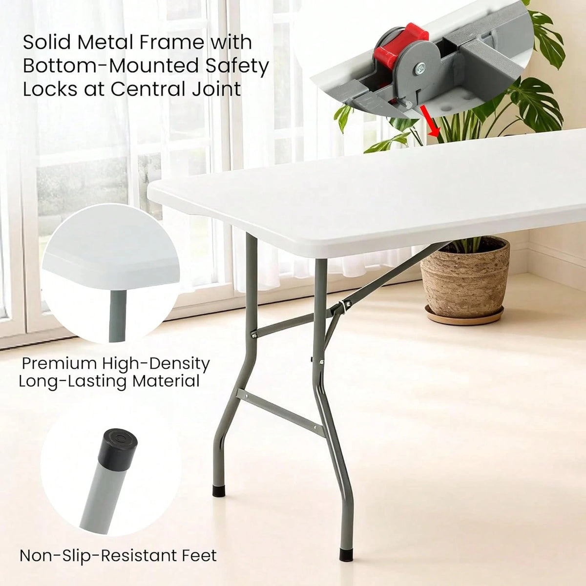 Folding Table 6ft, Portable Collapsible Plastic White Long Tables For Party, Camping, Banquet, Craft, Dining, Wedding, Outdoor And Indoor Use