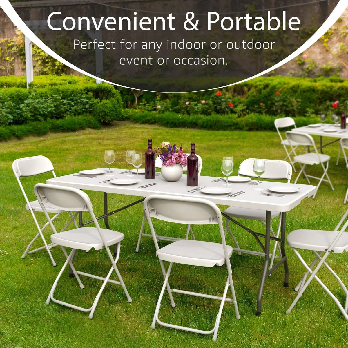 Folding Table 6ft, Portable Collapsible Plastic White Long Tables For Party, Camping, Banquet, Craft, Dining, Wedding, Outdoor And Indoor Use