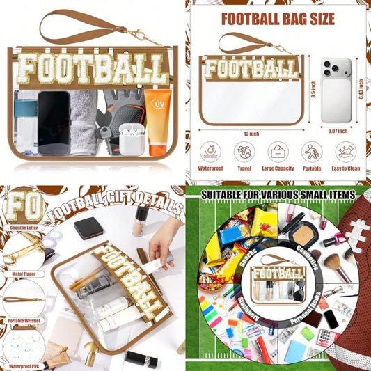 Football Gifts Makeup Bag With Chenille Letter Patch, Clear Cosmetic Pouch PVC Organizer Purse, Waterproof Travel Bag, Portable Toiletry Storage Bag For Her Friends