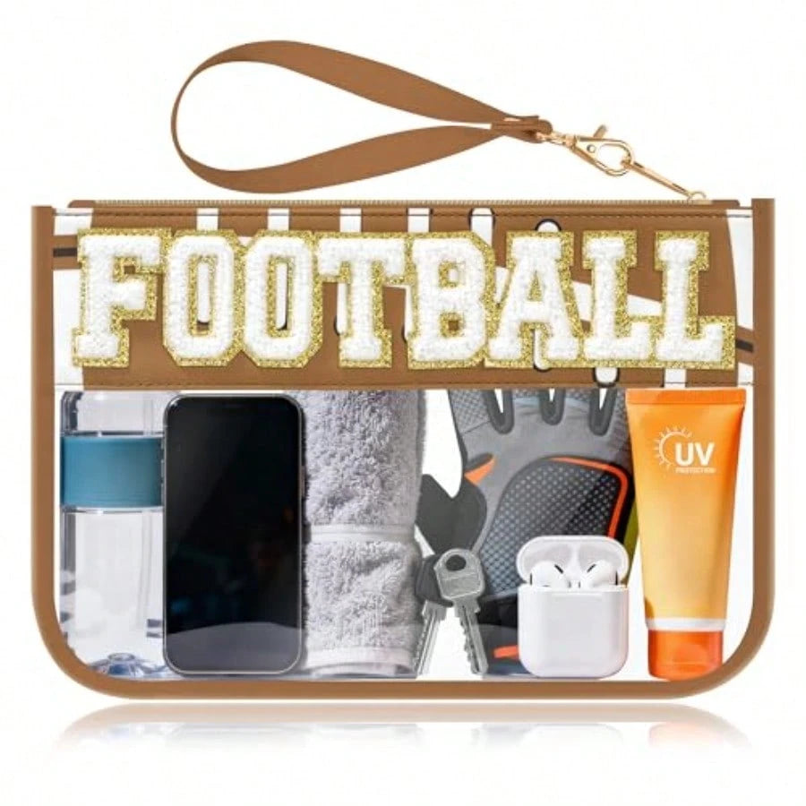 Football Gifts Makeup Bag With Chenille Letter Patch, Clear Cosmetic Pouch PVC Organizer Purse, Waterproof Travel Bag, Portable Toiletry Storage Bag For Her Friends