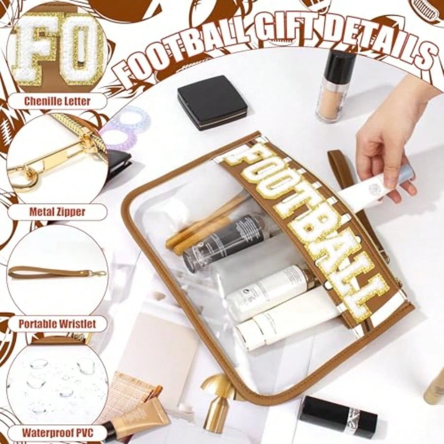 Football Gifts Makeup Bag With Chenille Letter Patch, Clear Cosmetic Pouch PVC Organizer Purse, Waterproof Travel Bag, Portable Toiletry Storage Bag For Her Friends