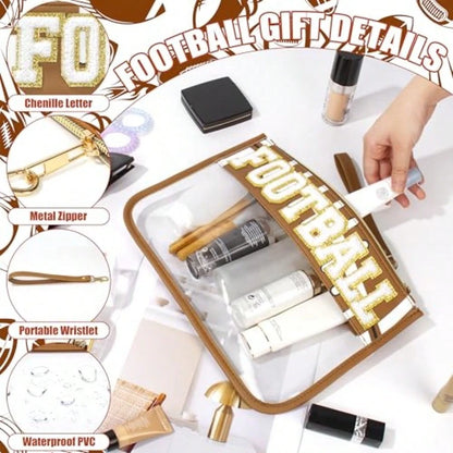 Football Gifts Makeup Bag With Chenille Letter Patch, Clear Cosmetic Pouch PVC Organizer Purse, Waterproof Travel Bag, Portable Toiletry Storage Bag For Her Friends