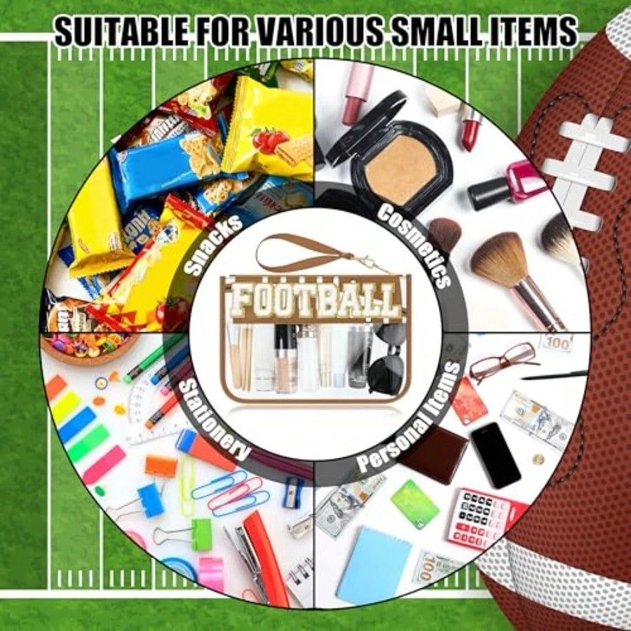 Football Gifts Makeup Bag With Chenille Letter Patch, Clear Cosmetic Pouch PVC Organizer Purse, Waterproof Travel Bag, Portable Toiletry Storage Bag For Her Friends