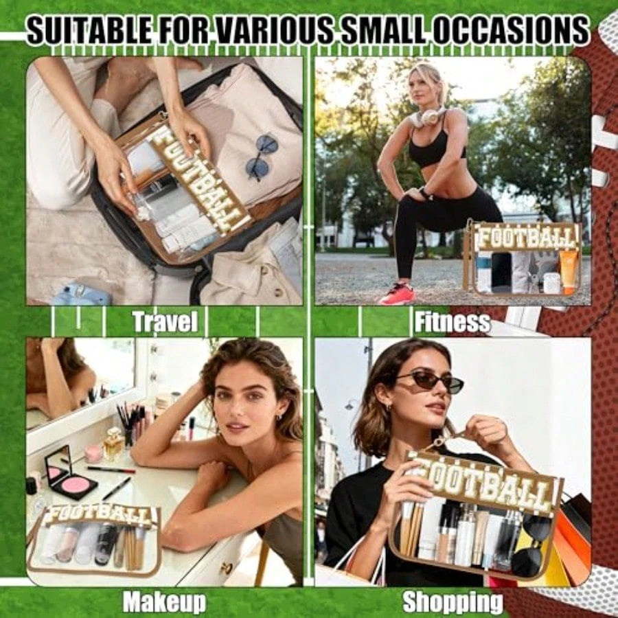Football Gifts Makeup Bag With Chenille Letter Patch, Clear Cosmetic Pouch PVC Organizer Purse, Waterproof Travel Bag, Portable Toiletry Storage Bag For Her Friends