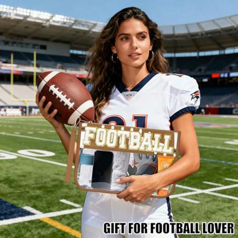 Football Gifts Makeup Bag With Chenille Letter Patch, Clear Cosmetic Pouch PVC Organizer Purse, Waterproof Travel Bag, Portable Toiletry Storage Bag For Her Friends
