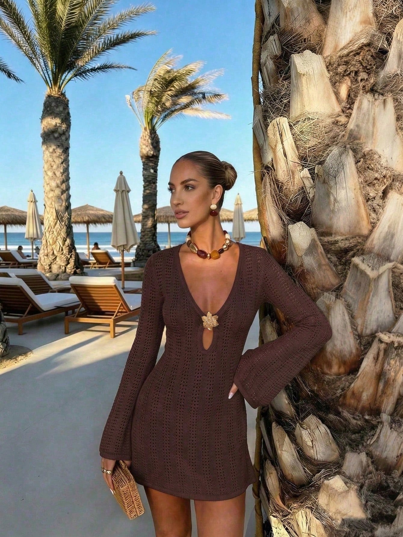 FOR BEAUTY New Women's Knit Dress, Summer Casual Vacation Style, Suitable For Summer Outdoor Activities, Brown Dress, Beach Dress Summer Dress, Boho Chic
