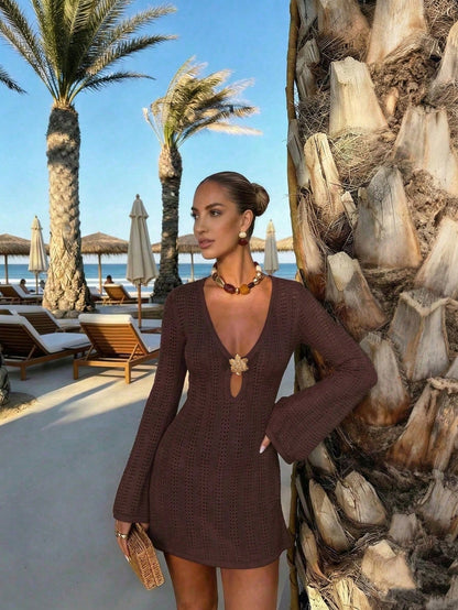 FOR BEAUTY New Women's Knit Dress, Summer Casual Vacation Style, Suitable For Summer Outdoor Activities, Brown Dress, Beach Dress Summer Dress, Boho Chic