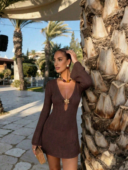 FOR BEAUTY New Women's Knit Dress, Summer Casual Vacation Style, Suitable For Summer Outdoor Activities, Brown Dress, Beach Dress Summer Dress, Boho Chic