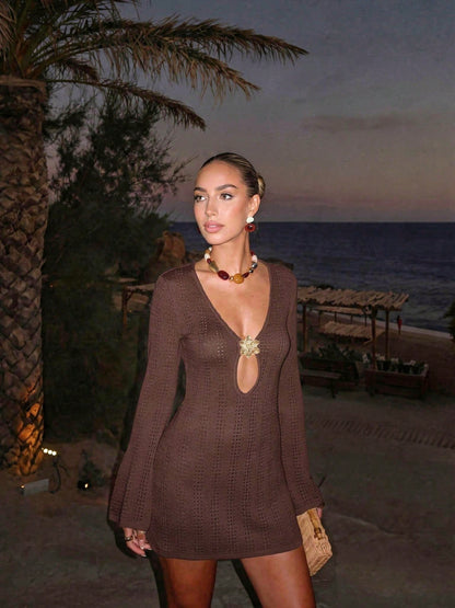 FOR BEAUTY New Women's Knit Dress, Summer Casual Vacation Style, Suitable For Summer Outdoor Activities, Brown Dress, Beach Dress Summer Dress, Boho Chic