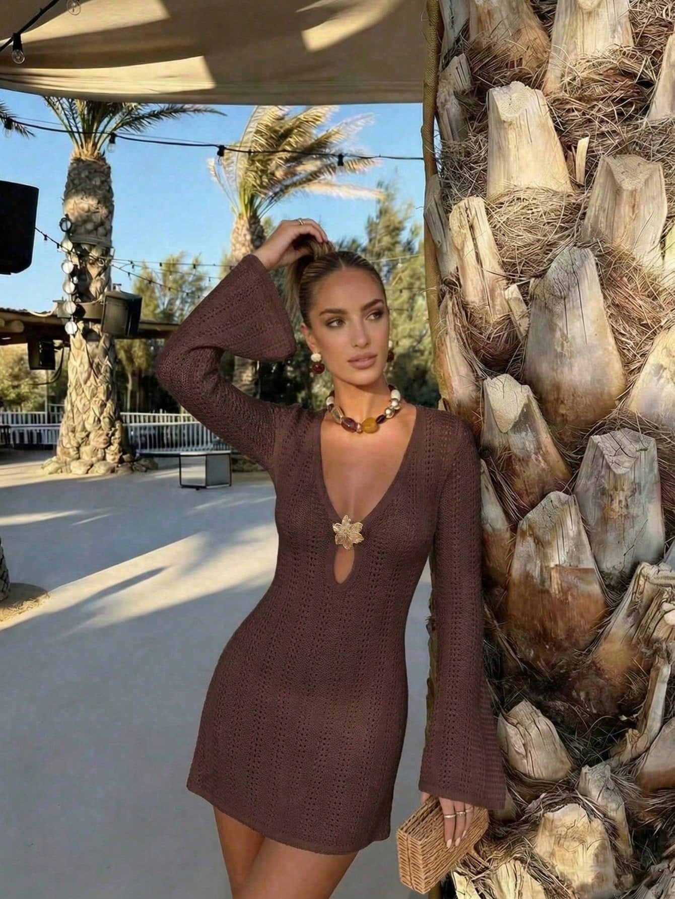 FOR BEAUTY New Women's Knit Dress, Summer Casual Vacation Style, Suitable For Summer Outdoor Activities, Brown Dress, Beach Dress Summer Dress, Boho Chic