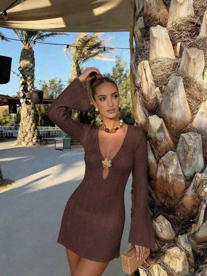 FOR BEAUTY New Women's Knit Dress, Summer Casual Vacation Style, Suitable For Summer Outdoor Activities, Brown Dress, Beach Dress Summer Dress, Boho Chic