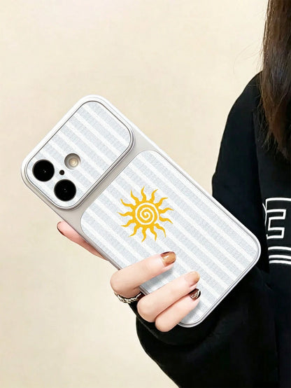 For IPhone17/IPhone17Pro Max/IPhone17pro/16/15/14/13/14/12/11 Series, 1pc Fashionable Personalized Striped Sun Vintage Pattern Full Coverage Button Classic Anti-Drop Metal Paint High-End Texture Soft