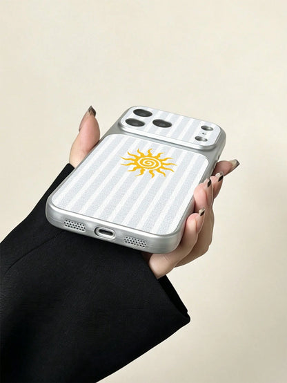 For IPhone17/IPhone17Pro Max/IPhone17pro/16/15/14/13/14/12/11 Series, 1pc Fashionable Personalized Striped Sun Vintage Pattern Full Coverage Button Classic Anti-Drop Metal Paint High-End Texture Soft