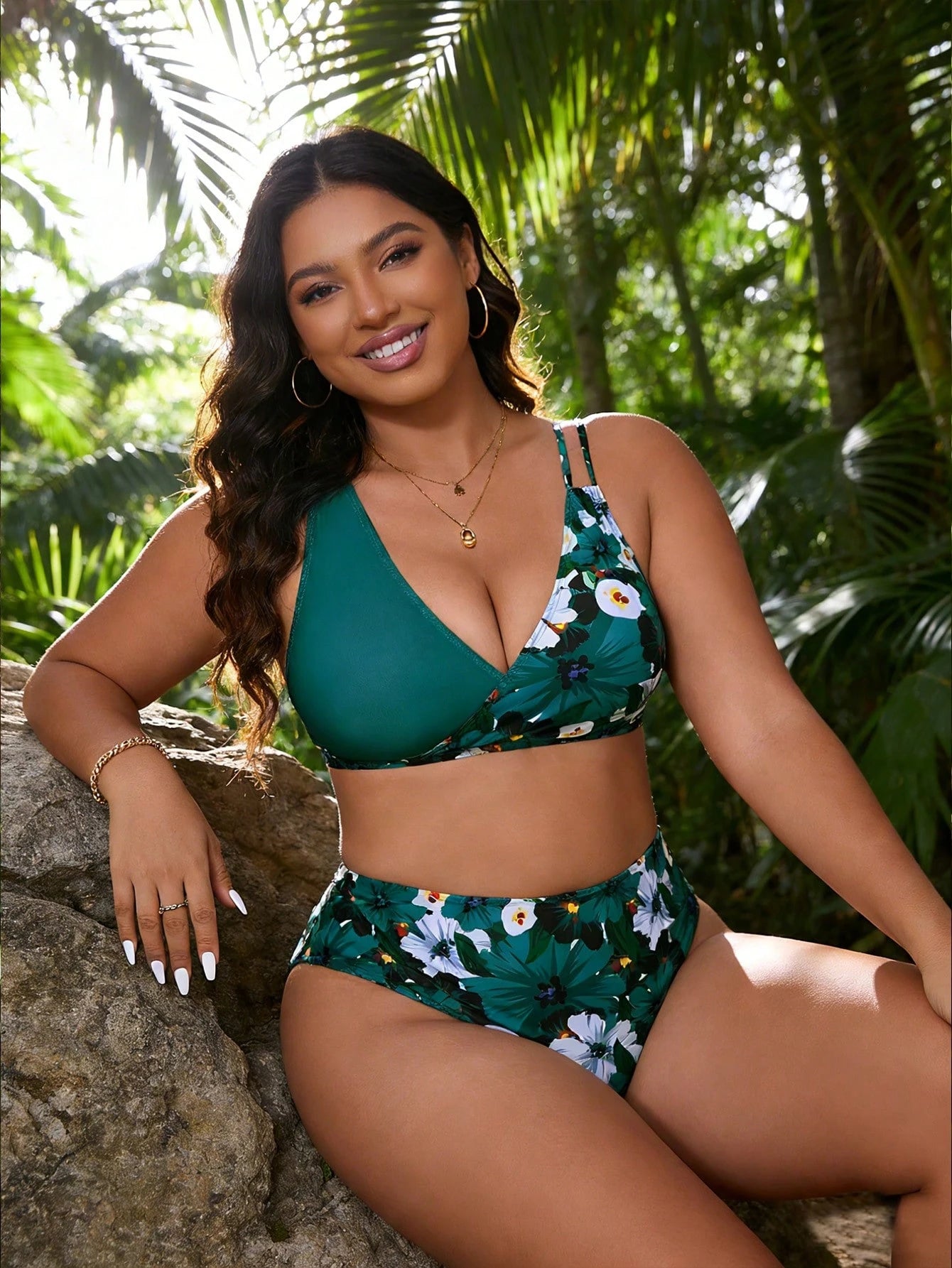 Forest-Themed, Vacation-Style Asymmetrical Shoulder Strap Plus Size High-Waisted Slimming Two-Piece Swimsuit For Women.