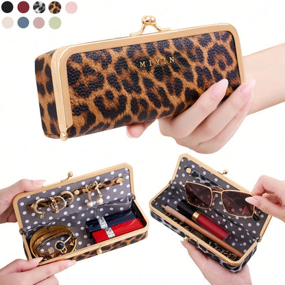 FOREVER MIYIN Leopard Print Long Makeup Bag For Women,Kiss-Lock Jewelry Storage Box,Large Capacity Glasses Case,Ring,Earrings,Necklace Lipstick Case,Coin Purse
