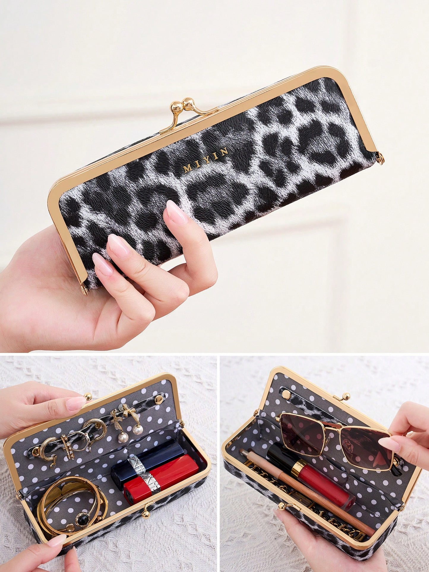 FOREVER MIYIN Leopard Print Long Makeup Bag For Women,Kiss-Lock Jewelry Storage Box,Large Capacity Glasses Case,Ring,Earrings,Necklace Lipstick Case,Coin Purse