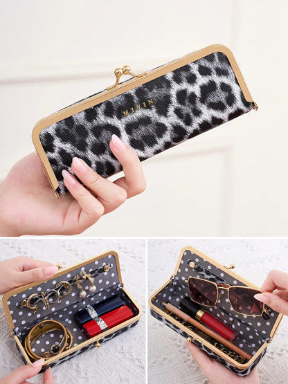 FOREVER MIYIN Leopard Print Long Makeup Bag For Women,Kiss-Lock Jewelry Storage Box,Large Capacity Glasses Case,Ring,Earrings,Necklace Lipstick Case,Coin Purse