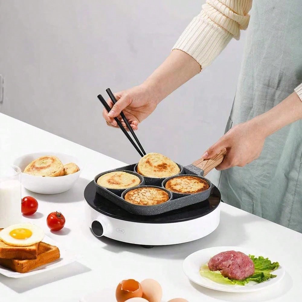 Four-Hole Non-Stick Frying Pan Is Suitable For Frying Eggs, Pancakes, Hamburgers, Etc.- Aluminum Alloy Material, No Coating, Easy To Clean, High Temperature Resistant, Breakfast And Other Cooking Too