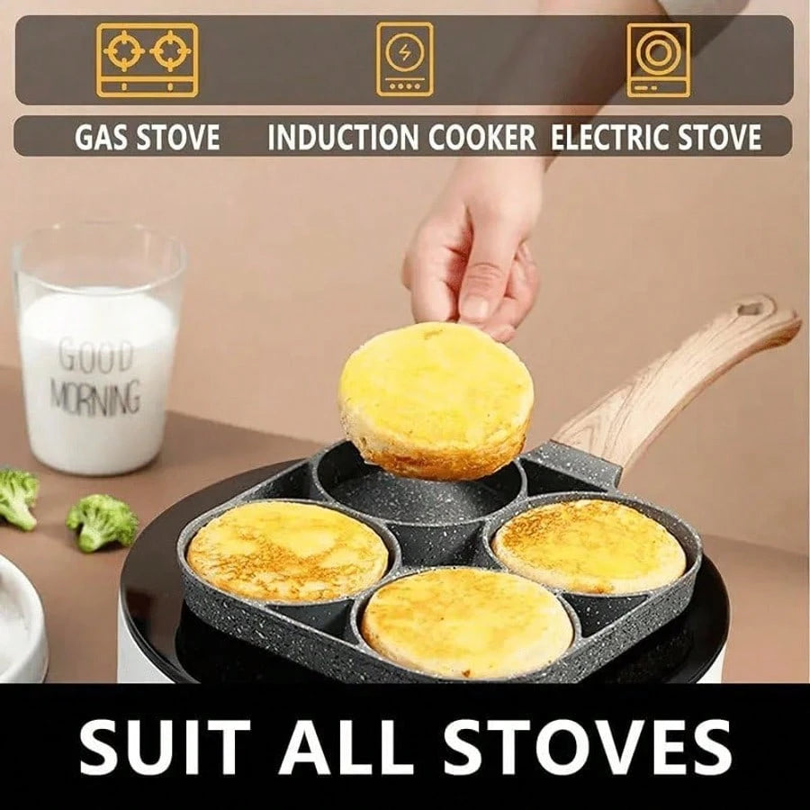 Four-Hole Non-Stick Frying Pan Is Suitable For Frying Eggs, Pancakes, Hamburgers, Etc.- Aluminum Alloy Material, No Coating, Easy To Clean, High Temperature Resistant, Breakfast And Other Cooking Too