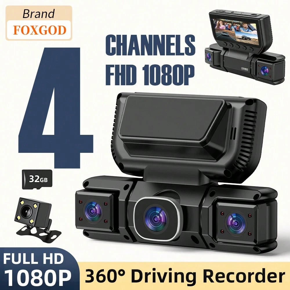 [FOXGOD]360° Panoramic 4 Channel 1080P Dash Cam Set, 1080P Front Full Coverage Rear/Left/Right, Quad-Split Screen Display, HD Night Vision, WDR, G-Sensor, Loop Recording- Car Accessories/Car Dash Cam