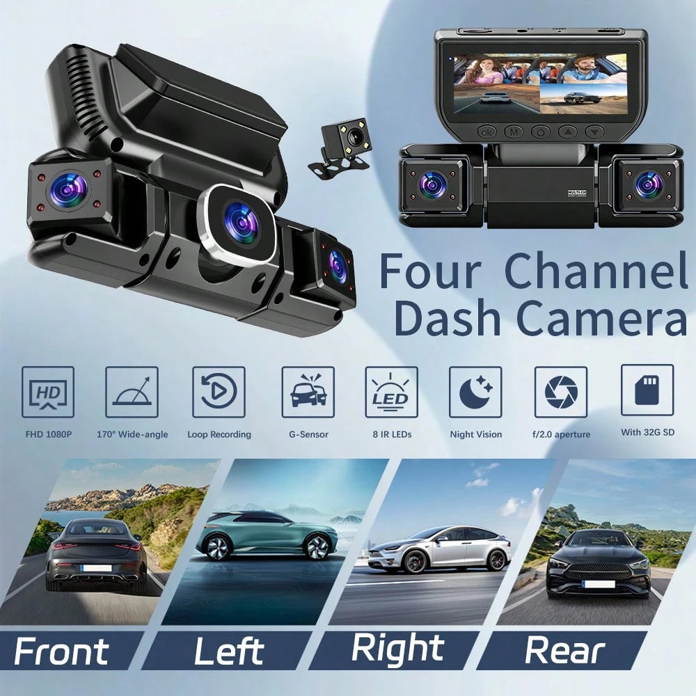 [FOXGOD]360° Panoramic 4 Channel 1080P Dash Cam Set, 1080P Front Full Coverage Rear/Left/Right, Quad-Split Screen Display, HD Night Vision, WDR, G-Sensor, Loop Recording- Car Accessories/Car Dash Cam
