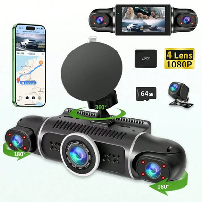 [FOXGOD]4 Channel Dash Cam Front And Rear Cabin, 360° Dash Camera, Night Vision 8 IR Lamps Dash Camera For Cars, GPS, 5G Wifi For Download, G-Sensor, With 64GB SD Card