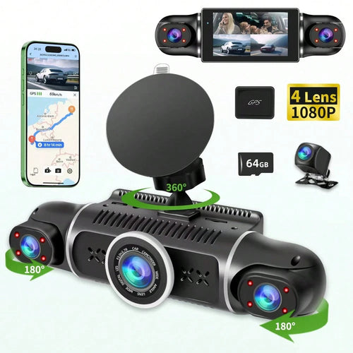 [FOXGOD]4 Channel Dash Cam Front And Rear Cabin, 360° Dash Camera, Night Vision 8 IR Lamps Dash Camera For Cars, GPS, 5G Wifi For Download, G-Sensor, With 64GB SD Card