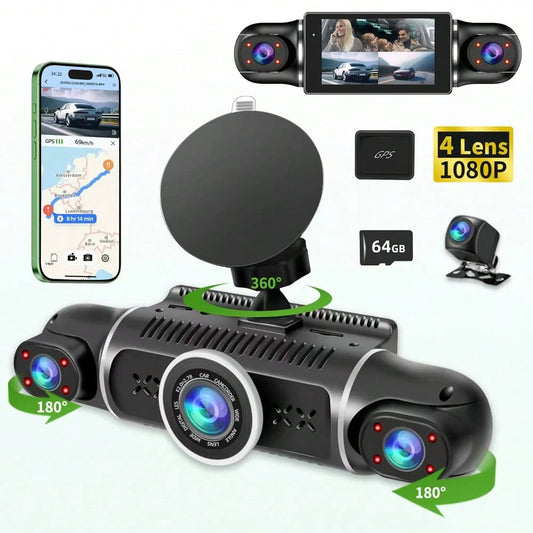 [FOXGOD]4 Channel Dash Cam Front And Rear Cabin, 360° Dash Camera, Night Vision 8 IR Lamps Dash Camera For Cars, GPS, 5G Wifi For Download, G-Sensor, With 64GB SD Card