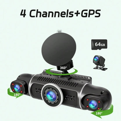 [FOXGOD]4 Channel Dash Cam Front And Rear Cabin, 360° Dash Camera, Night Vision 8 IR Lamps Dash Camera For Cars, GPS, 5G Wifi For Download, G-Sensor, With 64GB SD Card