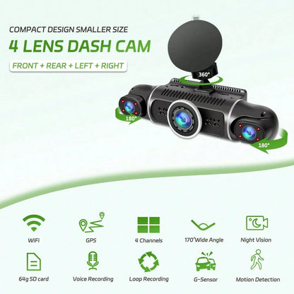 [FOXGOD]4 Channel Dash Cam Front And Rear Cabin, 360° Dash Camera, Night Vision 8 IR Lamps Dash Camera For Cars, GPS, 5G Wifi For Download, G-Sensor, With 64GB SD Card