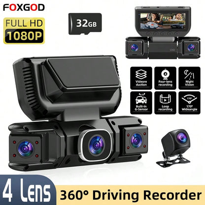 [FOXGOD]4-Lens 360° Panoramic Dashboard Camera Dash Cam, With Ultra-Wide-Angle Night Vision Function, WiFi Connection, Loop Recording And G-Sensor,Multi-Functional Dash Cam, Comes With A 32G Memory C