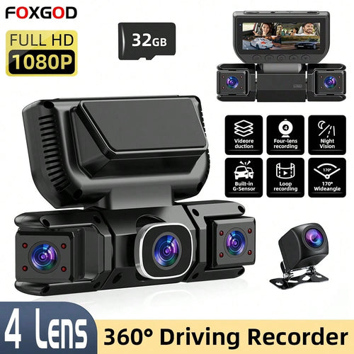 [FOXGOD]4-Lens 360° Panoramic Dashboard Camera Dash Cam, With Ultra-Wide-Angle Night Vision Function, WiFi Connection, Loop Recording And G-Sensor,Multi-Functional Dash Cam, Comes With A 32G Memory C