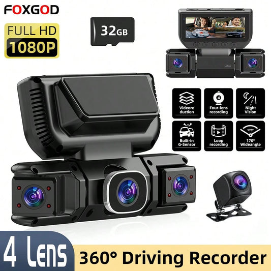 [FOXGOD]4-Lens 360° Panoramic Dashboard Camera Dash Cam, With Ultra-Wide-Angle Night Vision Function, WiFi Connection, Loop Recording And G-Sensor,Multi-Functional Dash Cam, Comes With A 32G Memory C