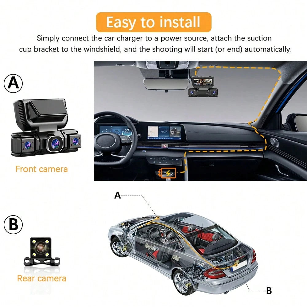[FOXGOD]4-Lens 360° Panoramic Dashboard Camera Dash Cam, With Ultra-Wide-Angle Night Vision Function, WiFi Connection, Loop Recording And G-Sensor,Multi-Functional Dash Cam, Comes With A 32G Memory C