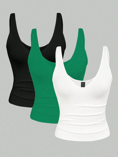 Franclia 2pcs/Set Summer Women's Fitted Crop Leopard & Solid Color V-Neck Camisole Top