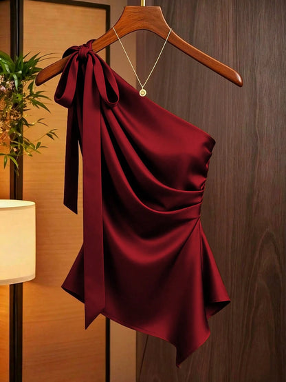 Franclia Caramel Brown Satin Asymmetric Shoulder Bow Decor Blouse,Asymmetrical Ruched Fitted Niche Design Top,Burgundy,Autumn,Elegant,Night Out Fashion Shirt