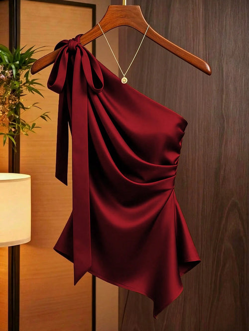 Franclia Caramel Brown Satin Asymmetric Shoulder Bow Decor Blouse,Asymmetrical Ruched Fitted Niche Design Top,Burgundy,Autumn,Elegant,Night Out Fashion Shirt