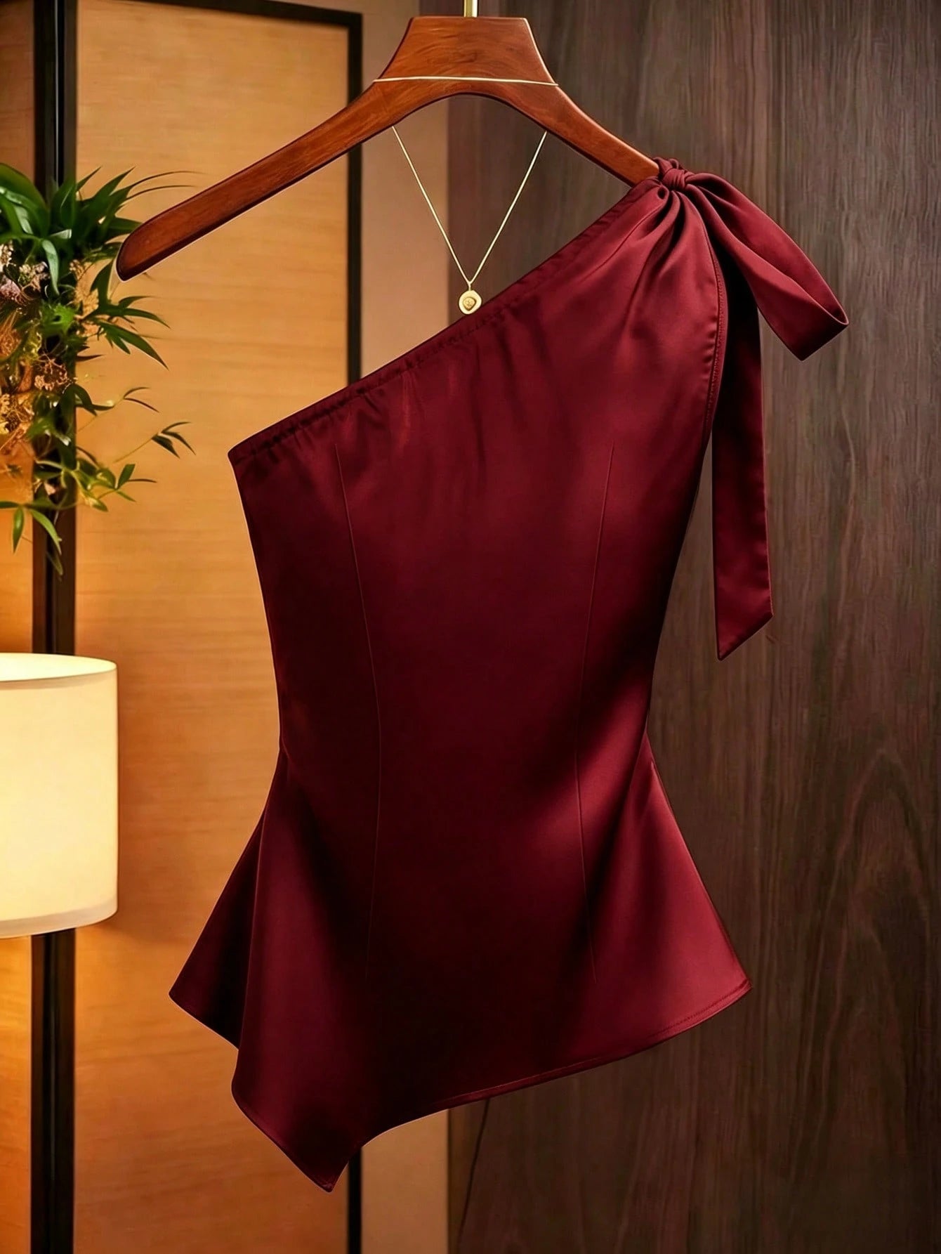 Franclia Caramel Brown Satin Asymmetric Shoulder Bow Decor Blouse,Asymmetrical Ruched Fitted Niche Design Top,Burgundy,Autumn,Elegant,Night Out Fashion Shirt