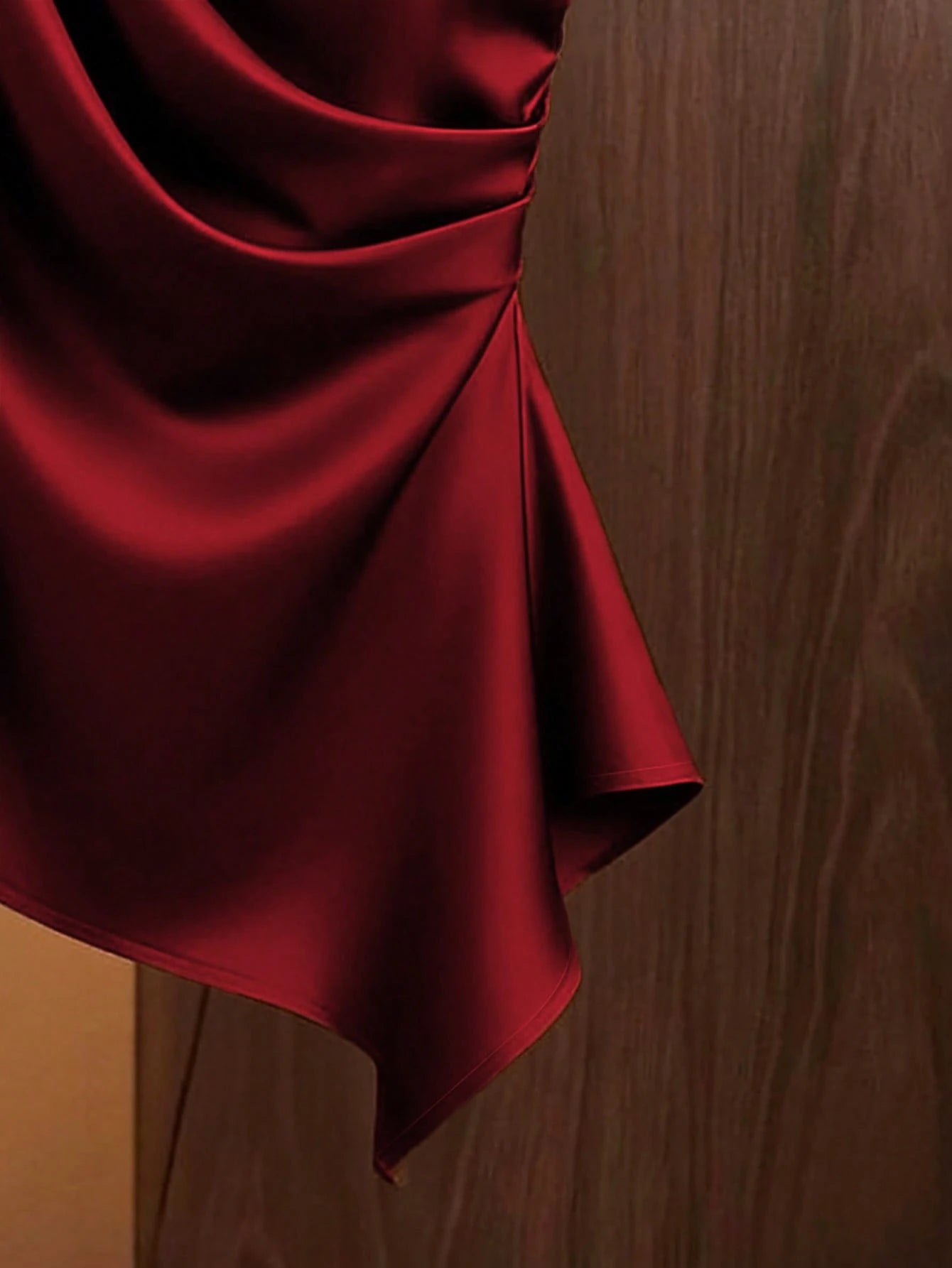 Franclia Caramel Brown Satin Asymmetric Shoulder Bow Decor Blouse,Asymmetrical Ruched Fitted Niche Design Top,Burgundy,Autumn,Elegant,Night Out Fashion Shirt