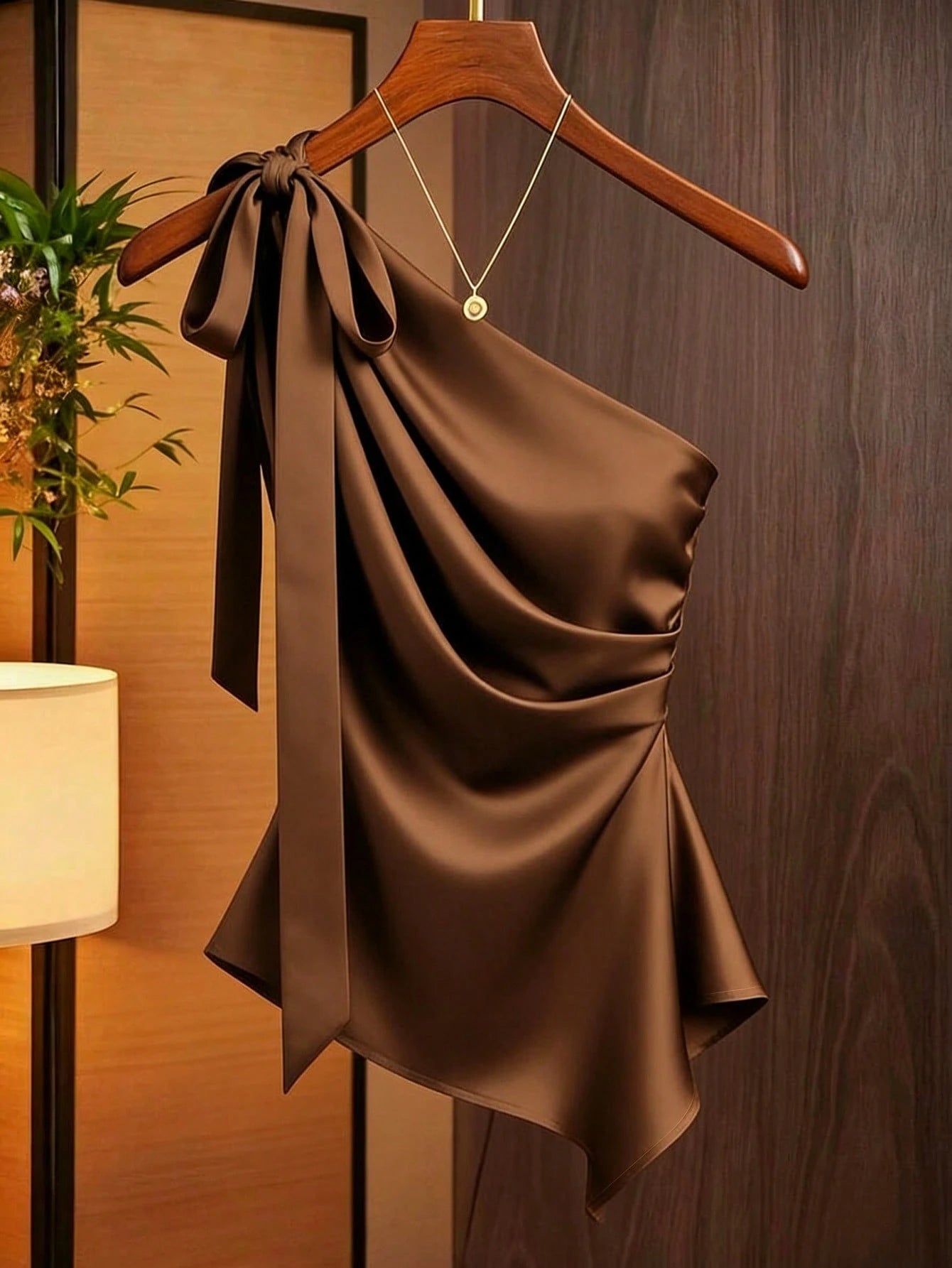 Franclia Caramel Brown Satin Asymmetric Shoulder Bow Decor Blouse,Asymmetrical Ruched Fitted Niche Design Top,Burgundy,Autumn,Elegant,Night Out Fashion Shirt