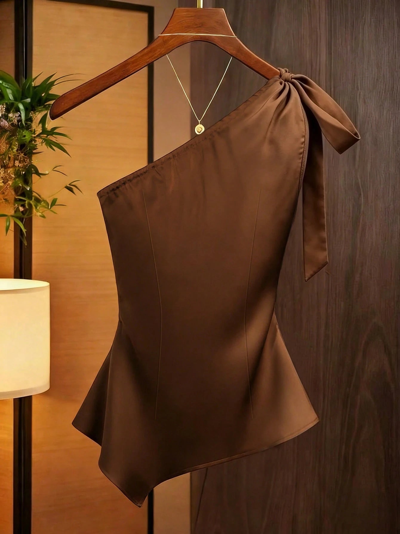Franclia Caramel Brown Satin Asymmetric Shoulder Bow Decor Blouse,Asymmetrical Ruched Fitted Niche Design Top,Burgundy,Autumn,Elegant,Night Out Fashion Shirt