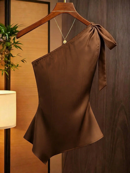 Franclia Caramel Brown Satin Asymmetric Shoulder Bow Decor Blouse,Asymmetrical Ruched Fitted Niche Design Top,Burgundy,Autumn,Elegant,Night Out Fashion Shirt