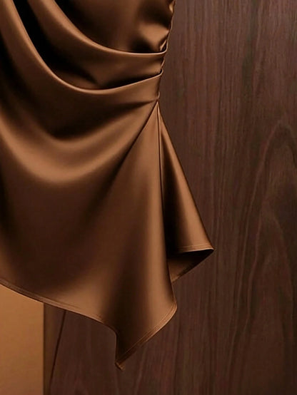 Franclia Caramel Brown Satin Asymmetric Shoulder Bow Decor Blouse,Asymmetrical Ruched Fitted Niche Design Top,Burgundy,Autumn,Elegant,Night Out Fashion Shirt