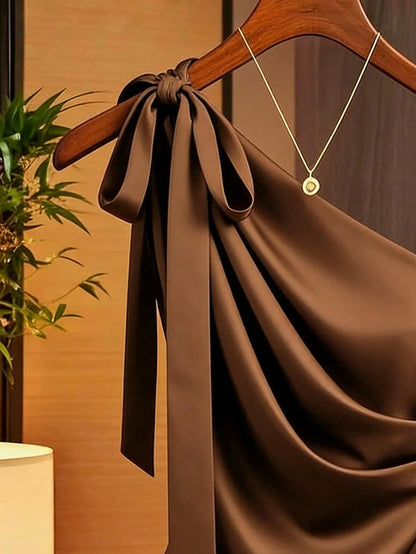 Franclia Caramel Brown Satin Asymmetric Shoulder Bow Decor Blouse,Asymmetrical Ruched Fitted Niche Design Top,Burgundy,Autumn,Elegant,Night Out Fashion Shirt