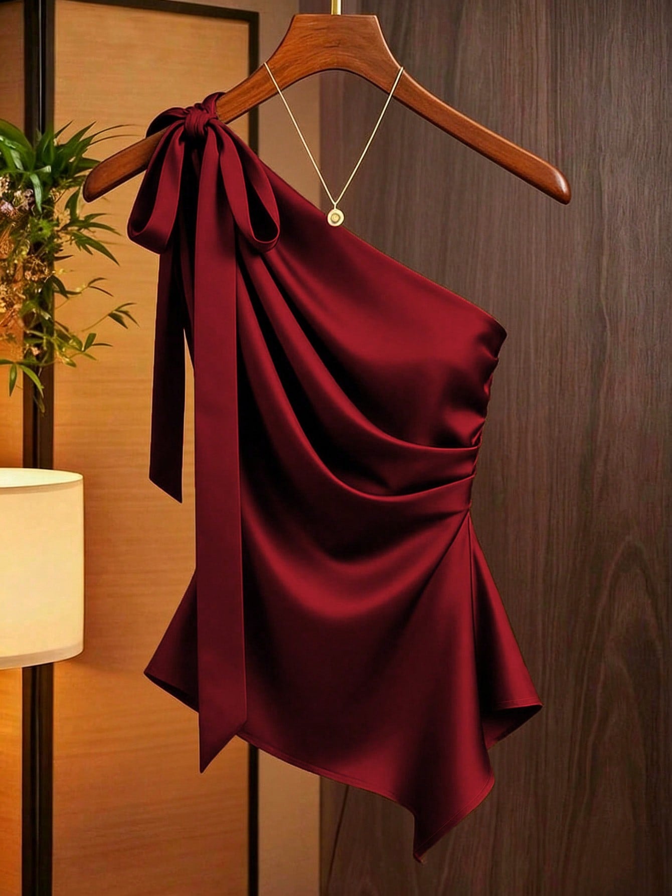 Franclia Caramel Brown Satin Asymmetric Shoulder Bow Decor Blouse,Asymmetrical Ruched Fitted Niche Design Top,Burgundy,Autumn,Elegant,Night Out Fashion Shirt