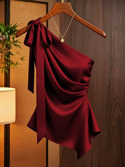 Franclia Caramel Brown Satin Asymmetric Shoulder Bow Decor Blouse,Asymmetrical Ruched Fitted Niche Design Top,Burgundy,Autumn,Elegant,Night Out Fashion Shirt