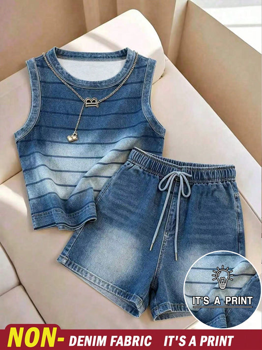 Franclia Casual Summer Women's Striped Round Neck Tank Top And Shorts Set