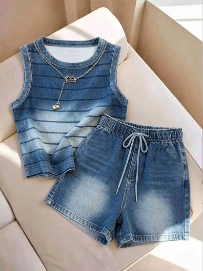Franclia Casual Summer Women's Striped Round Neck Tank Top And Shorts Set
